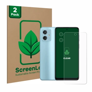 Face avant d’un emballage produit avec le logo de la marque ScreenLeaf. À côté, l’appareil Motorola Moto G54 (Avant+Caméra) es