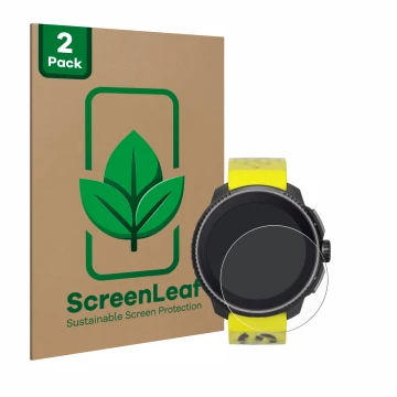 Face avant d’un emballage produit avec le logo de la marque ScreenLeaf. À côté, l’appareil Suunto Race est représenté avec la 