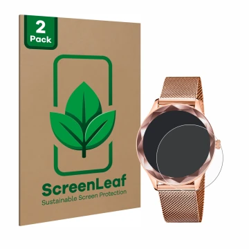 Face avant d’un emballage produit avec le logo de la marque ScreenLeaf. À côté, l’appareil Lotus SMARTIME 50036/1 est représen