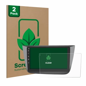 Face avant d’un emballage produit avec le logo de la marque ScreenLeaf. À côté, l’appareil Topway Android CarPlay (9