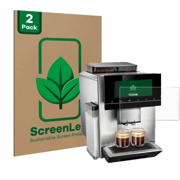 Face avant d’un emballage produit avec le logo de la marque ScreenLeaf. À côté, l’appareil Siemens EQ900 TQ907D03 est représen