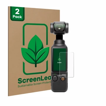 Face avant d’un emballage produit avec le logo de la marque ScreenLeaf. À côté, l’appareil DJI Osmo Pocket 3 est représenté av