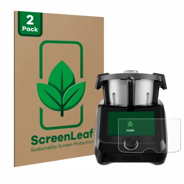 Face avant d’un emballage produit avec le logo de la marque ScreenLeaf. À côté, l’appareil SilverCrest Monsieur Cuisine Smart 