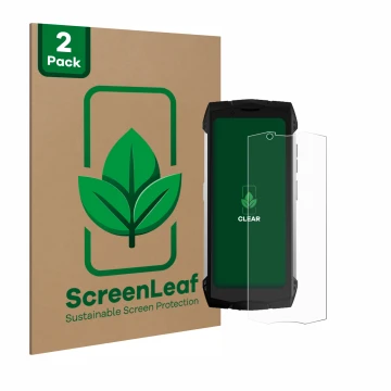 Face avant d’un emballage produit avec le logo de la marque ScreenLeaf. À côté, l’appareil Doogee S Mini est représenté avec l