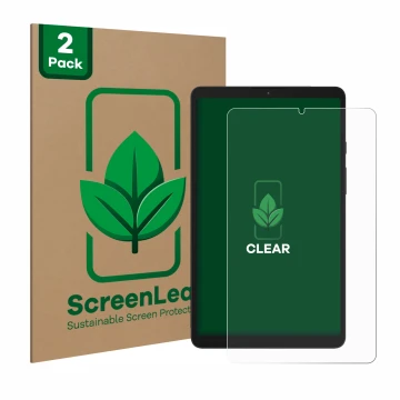 Face avant d’un emballage produit avec le logo de la marque ScreenLeaf. À côté, l’appareil Samsung Galaxy Tab A9 LTE est repré