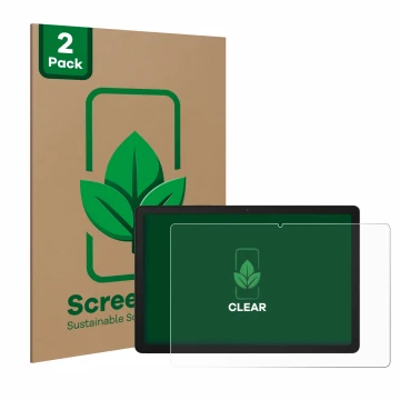 Face avant d’un emballage produit avec le logo de la marque ScreenLeaf. À côté, l’appareil Samsung Galaxy Tab A9 Plus 5G est r