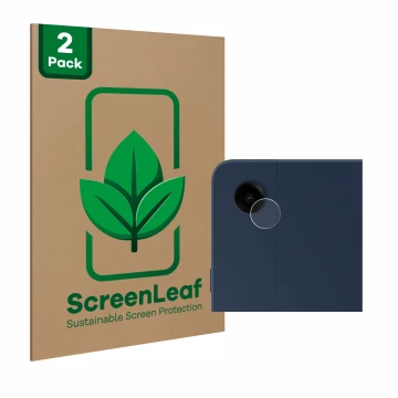 Face avant d’un emballage produit avec le logo de la marque ScreenLeaf. À côté, l’appareil Samsung Galaxy Tab A9 Plus 5G (Camé