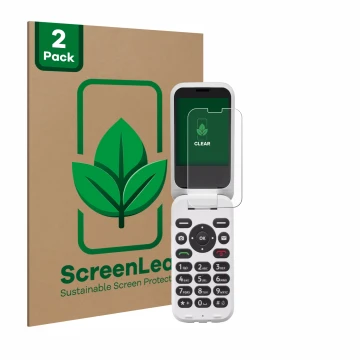 Face avant d’un emballage produit avec le logo de la marque ScreenLeaf. À côté, l’appareil Doro 6820 est représenté avec la pr
