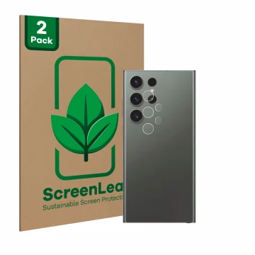 Face avant d’un emballage produit avec le logo de la marque ScreenLeaf. À côté, l’appareil Samsung Galaxy S23 Ultra Enterprise