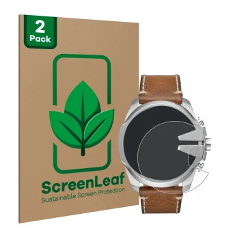 Face avant d’un emballage produit avec le logo de la marque ScreenLeaf. À côté, l’appareil Diesel Mega Chief est représenté av