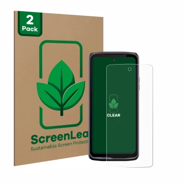 Face avant d’un emballage produit avec le logo de la marque ScreenLeaf. À côté, l’appareil Crosscall Stellar X5 est représenté
