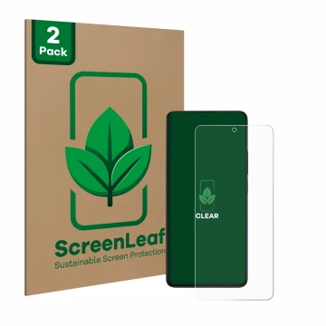 Face avant d’un emballage produit avec le logo de la marque ScreenLeaf. À côté, l’appareil Xiaomi Poco X6 Pro est représenté a