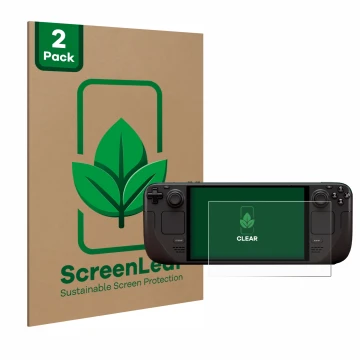 Face avant d’un emballage produit avec le logo de la marque ScreenLeaf. À côté, l’appareil Valve Steam Deck OLED est représent