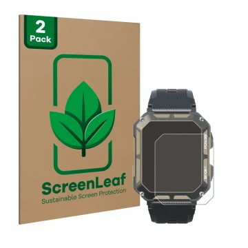 Face avant d’un emballage produit avec le logo de la marque ScreenLeaf. À côté, l’appareil Blackview C20Pro 1.83