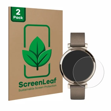 Face avant d’un emballage produit avec le logo de la marque ScreenLeaf. À côté, l’appareil Garmin Lily 2 est représenté avec l