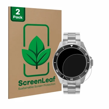 Face avant d’un emballage produit avec le logo de la marque ScreenLeaf. À côté, l’appareil Withings ScanWatch Nova (42 mm) est