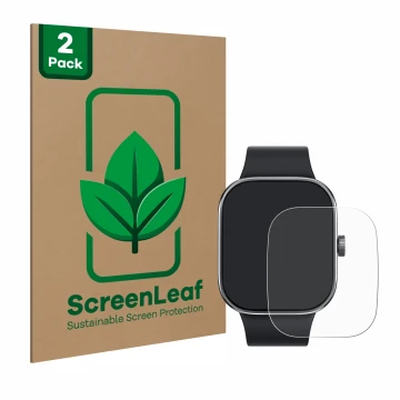Face avant d’un emballage produit avec le logo de la marque ScreenLeaf. À côté, l’appareil Xiaomi Redmi Watch 4 est représenté