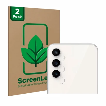 Face avant d’un emballage produit avec le logo de la marque ScreenLeaf. À côté, l’appareil Samsung Galaxy S23 FE (Caméra UNIQU