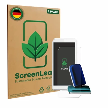 Face avant d’un emballage produit avec le logo de la marque ScreenLeaf. À côté, l’appareil Kaleido DBLG1 Handset 2023 est repr
