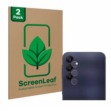 Face avant d’un emballage produit avec le logo de la marque ScreenLeaf. À côté, l’appareil Samsung Galaxy A25 5G (Caméra UNIQU