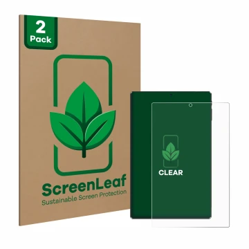 Face avant d’un emballage produit avec le logo de la marque ScreenLeaf. À côté, l’appareil Simplori M107 est représenté avec l