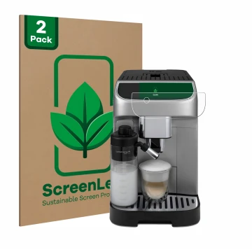 Face avant d’un emballage produit avec le logo de la marque ScreenLeaf. À côté, l’appareil DeLonghi Magnifica Plus est représe