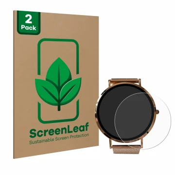 Face avant d’un emballage produit avec le logo de la marque ScreenLeaf. À côté, l’appareil Micento California Smartwatch est r
