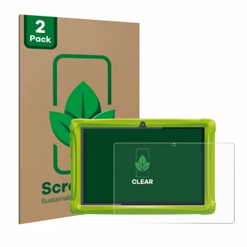Face avant d’un emballage produit avec le logo de la marque ScreenLeaf. À côté, l’appareil Clementoni Clempad 10 est représent