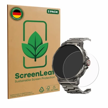 Face avant d’un emballage produit avec le logo de la marque ScreenLeaf. À côté, l’appareil Tesofit Smartwatch 1.85