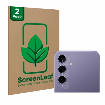 Face avant d’un emballage produit avec le logo de la marque ScreenLeaf. À côté, l’appareil Samsung Galaxy S24 (Caméra UNIQUEME