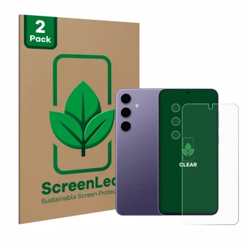 Face avant d’un emballage produit avec le logo de la marque ScreenLeaf. À côté, l’appareil Samsung Galaxy S24 (Avant+Caméra) e