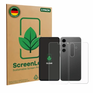 Face avant d’un emballage produit avec le logo de la marque ScreenLeaf. À côté, l’appareil Samsung Galaxy S24 (Avant+Arrière) 