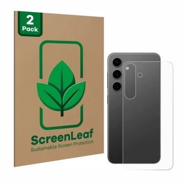 Face avant d’un emballage produit avec le logo de la marque ScreenLeaf. À côté, l’appareil Samsung Galaxy S24 Plus (Arrière) e