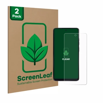 Face avant d’un emballage produit avec le logo de la marque ScreenLeaf. À côté, l’appareil Motorola Moto G24 est représenté av