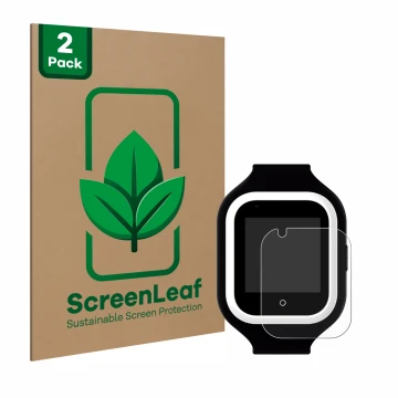 Face avant d’un emballage produit avec le logo de la marque ScreenLeaf. À côté, l’appareil SaveFamily Iconic Plus 4G est repré