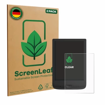Face avant d’un emballage produit avec le logo de la marque ScreenLeaf. À côté, l’appareil PocketBook Basic Lux 4 est représen