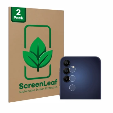 Face avant d’un emballage produit avec le logo de la marque ScreenLeaf. À côté, l’appareil Samsung Galaxy A15 (Caméra UNIQUEME