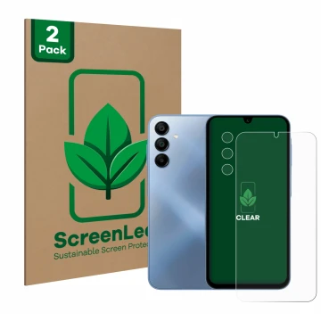 Face avant d’un emballage produit avec le logo de la marque ScreenLeaf. À côté, l’appareil Samsung Galaxy A15 (Avant+Caméra) e
