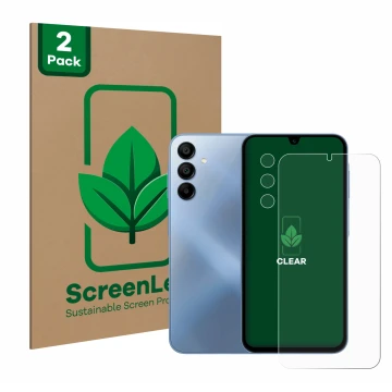 Face avant d’un emballage produit avec le logo de la marque ScreenLeaf. À côté, l’appareil Samsung Galaxy A15 5G (Avant+Caméra