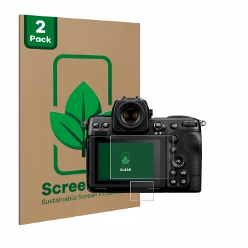 Face avant d’un emballage produit avec le logo de la marque ScreenLeaf. À côté, l’appareil Nikon Z 8 (Affichage + affichage de
