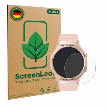 Face avant d’un emballage produit avec le logo de la marque ScreenLeaf. À côté, l’appareil Mutoy Smartwatch 1.32