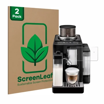Face avant d’un emballage produit avec le logo de la marque ScreenLeaf. À côté, l’appareil DeLonghi Rivelia est représenté ave