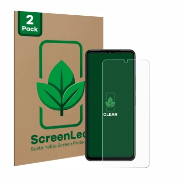 Face avant d’un emballage produit avec le logo de la marque ScreenLeaf. À côté, l’appareil Xiaomi Redmi A3 est représenté avec