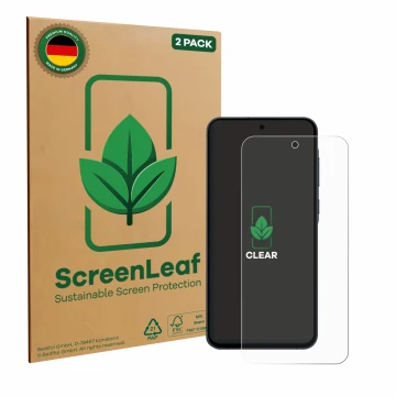 Face avant d’un emballage produit avec le logo de la marque ScreenLeaf. À côté, l’appareil Samsung Galaxy A55 5G est représent