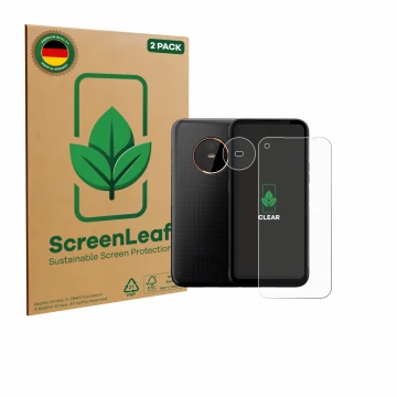 Face avant d’un emballage produit avec le logo de la marque ScreenLeaf. À côté, l’appareil Gigaset GX6 Pro (Avant+Caméra) est 