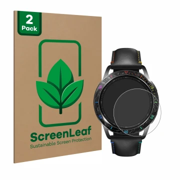 Face avant d’un emballage produit avec le logo de la marque ScreenLeaf. À côté, l’appareil Xiaomi Watch S3 est représenté avec
