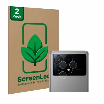 Face avant d’un emballage produit avec le logo de la marque ScreenLeaf. À côté, l’appareil Xiaomi Poco X6 Pro (Caméra UNIQUEME