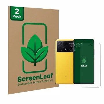 Face avant d’un emballage produit avec le logo de la marque ScreenLeaf. À côté, l’appareil Xiaomi Poco X6 Pro (Avant+Caméra) e