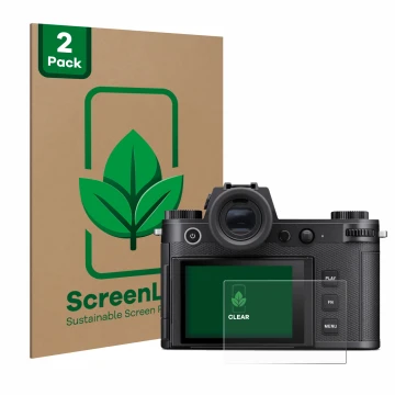 Face avant d’un emballage produit avec le logo de la marque ScreenLeaf. À côté, l’appareil Leica SL3 est représenté avec la pr