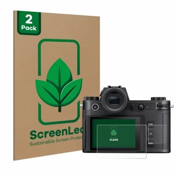 Face avant d’un emballage produit avec le logo de la marque ScreenLeaf. À côté, l’appareil Leica SL3 (Affichage + affichage de